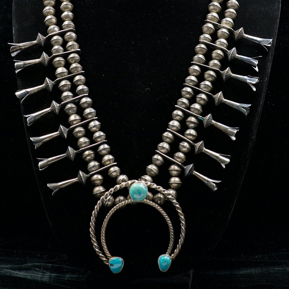 Vintage Native American Sterling Silver, Turquoise Squash Blossom, Unsig…